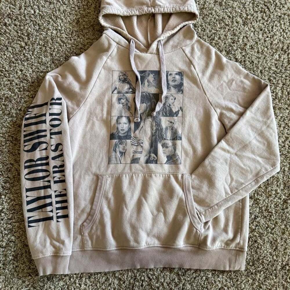 Taylor Swift The Eras Tour Hoodie Size M Beige Collage Graphic Pullover